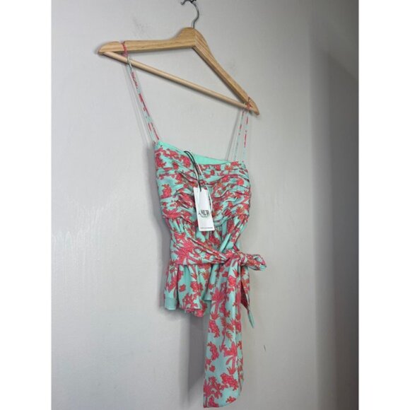 NWT Amur Spaghetti Straps Everett Bow Peplum Cropped Top Miami Sky Botanical - Picture 3 of 8